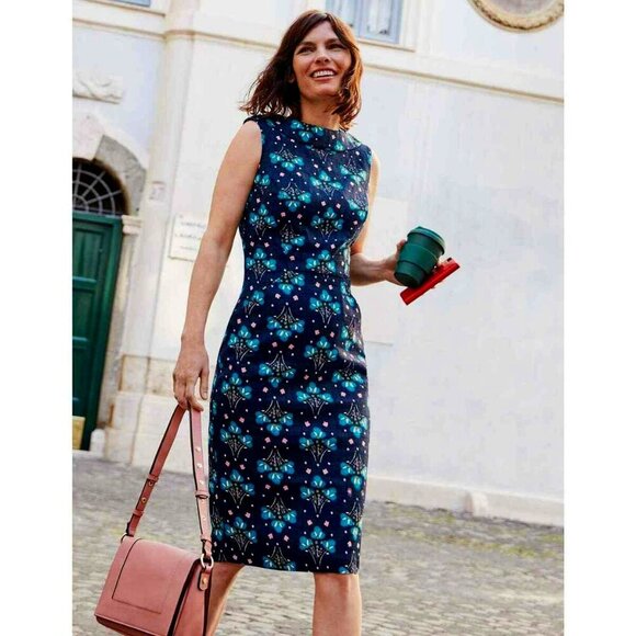 Boden Martha Navy & Blue Floral Sleeveless Roll Collar Sheath Pencil Dress 14 - Picture 4 of 11